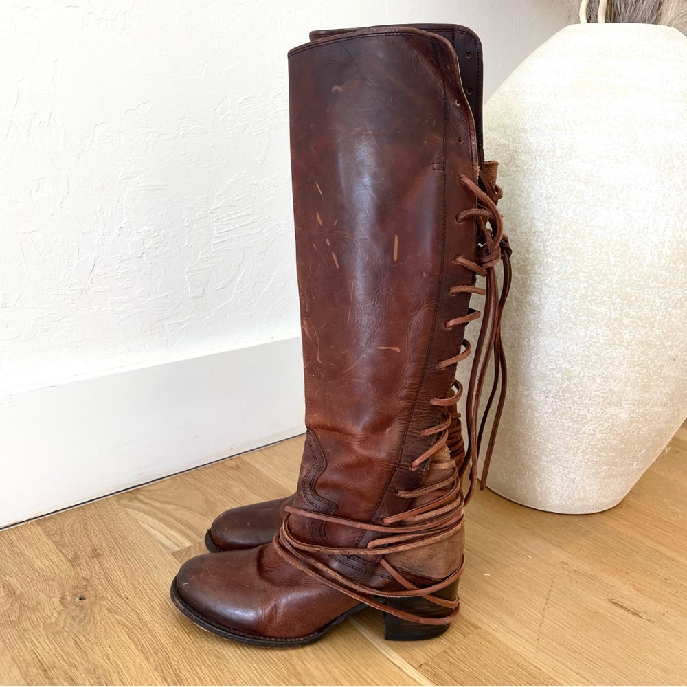 Freebird by Steven Coal Brown Cognac Leather Tall Tie Back Heeled Boots Size 8 - Picture 4 of 12